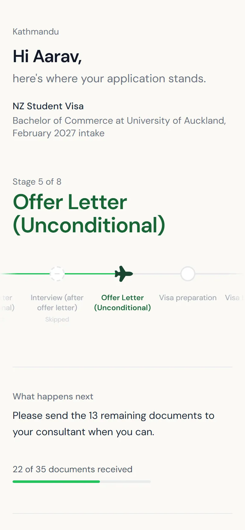Sample student status page on a phone: a greeting, the current stage on a progress line, and what happens next.
